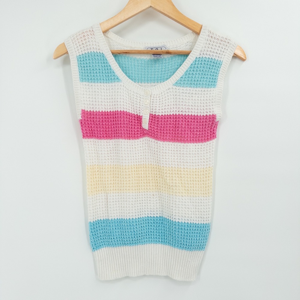 Vintage 90s Pastel Stripe Knit Tank Top Womens M Beach Fun Colorful Henley Retro
